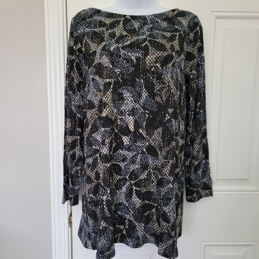 NWT J Jill Wearever Black Blue Snakeskin Print Long Sleeve Tunic Top Petite Med